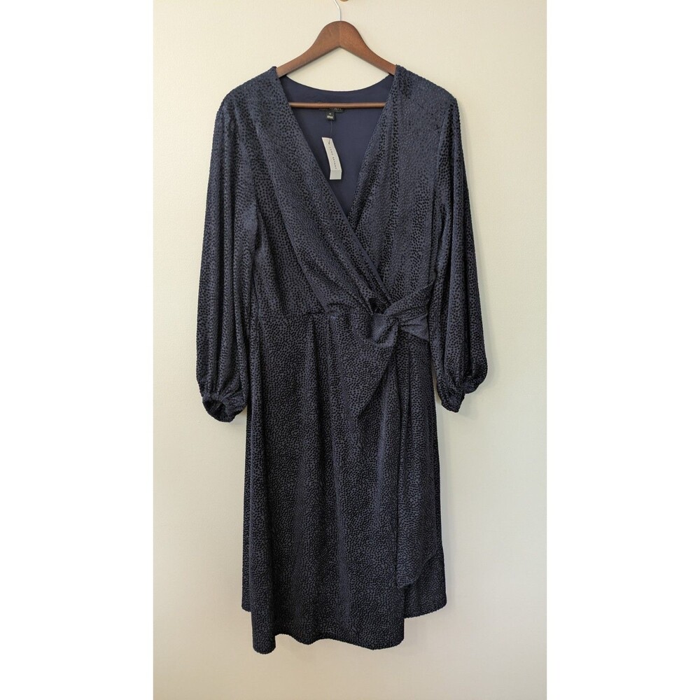 Lane Bryant Faux Wrap Dress Size 14 Velvet Dot Long Sleeve Navy Blue NWT $90